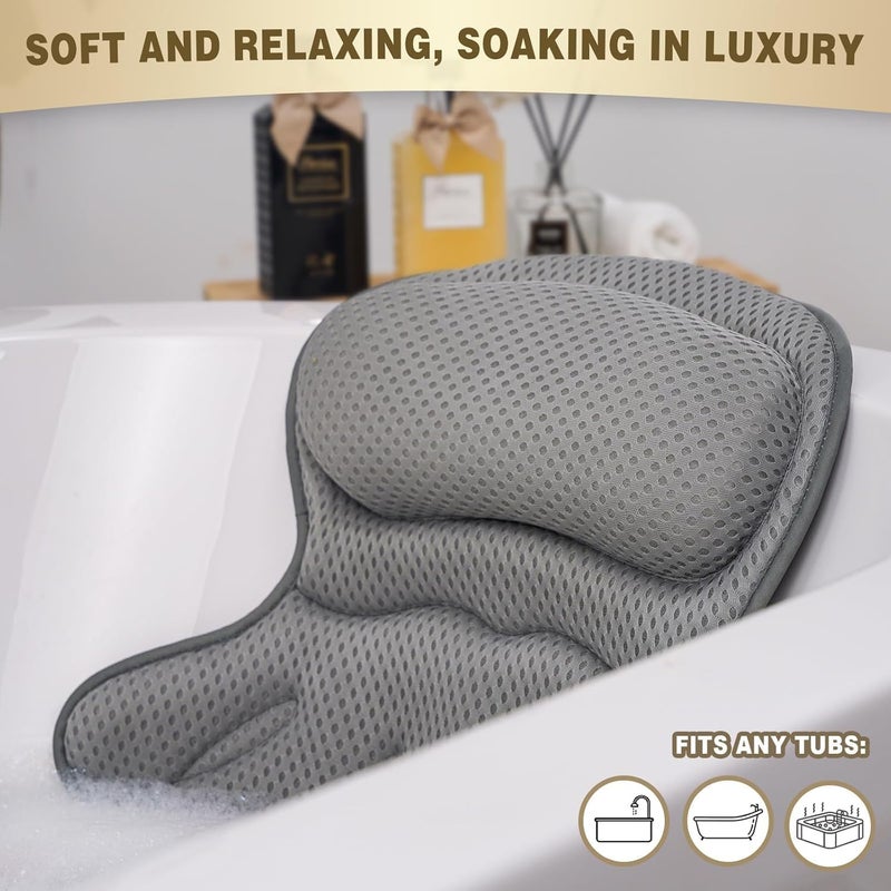 Binobella Bath Pillow Luxury Bathtub Pillow, Extra Soft & Comfortable Bath Pillow for Tub Head Neck and Back Support, with 4D Air Mesh Cushions & Non-Slip Suction Cups - Great Bath Gifts (Gray) - Image 2
